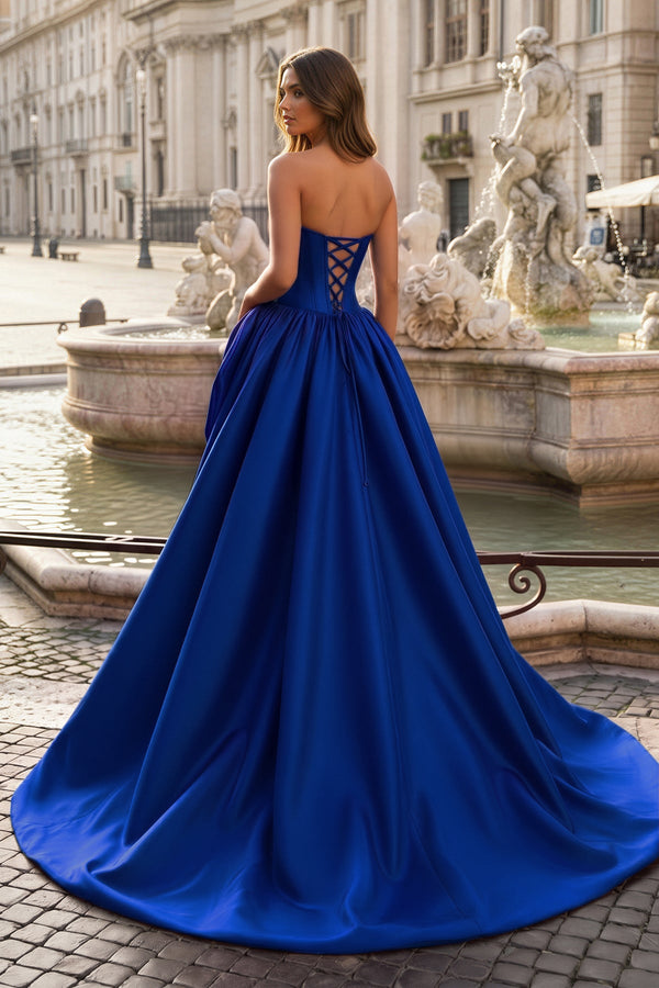 Royal Blue Strapless A Line Satin Long Formal Dress With 3D Flower (2) | KISSPROM