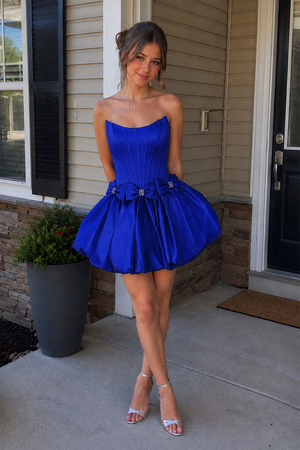 Royal Blue Strapless A Line Satin Short Homecoming Dresses With Bow (2) | KISSPROM