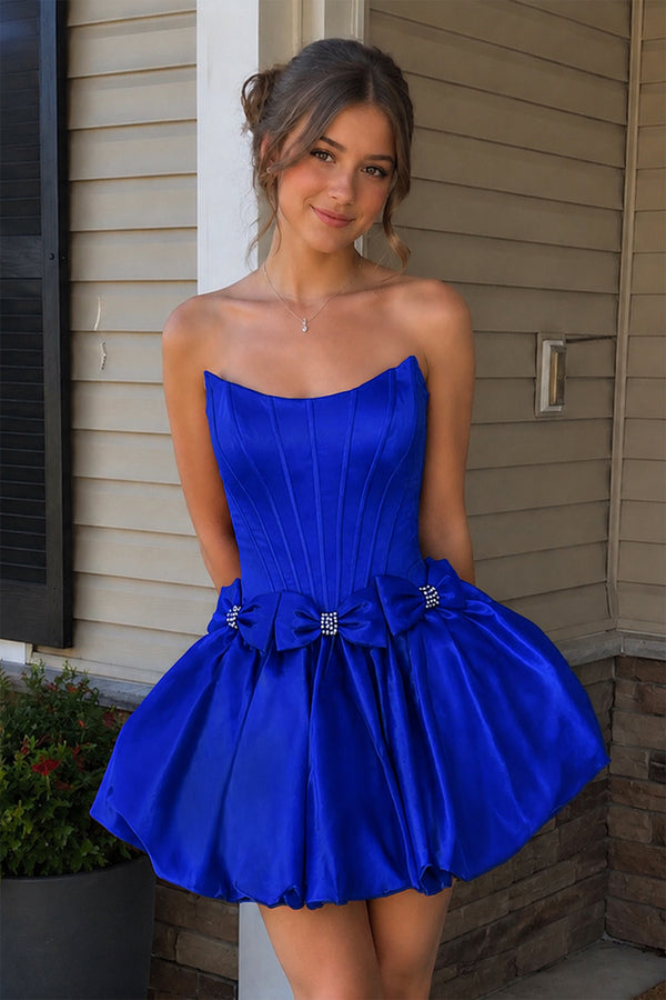 Royal Blue Strapless A Line Satin Short Homecoming Dresses With Bow | KISSPROM