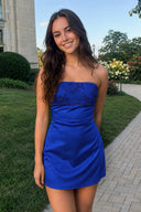 Royal Blue Strapless Appliqued Satin Sheath Homecoming Dress | KISSPROM