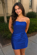 Royal Blue Strapless Appliqued Sheath Satin Corset Homecoming Dress | KISSPROM