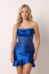 Royal Blue Strapless Bodycon Satin Pleated Mini Party Dress With Beading | KISSPROM