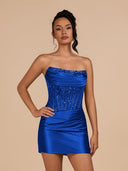 Royal Blue Strapless Bodycon Satin Pleated Mini Party Dress With Beading | KISSPROM