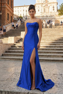 Royal Blue Strapless Mermaid Satin Corset Long Formal Dress With Slit | KISSPROM