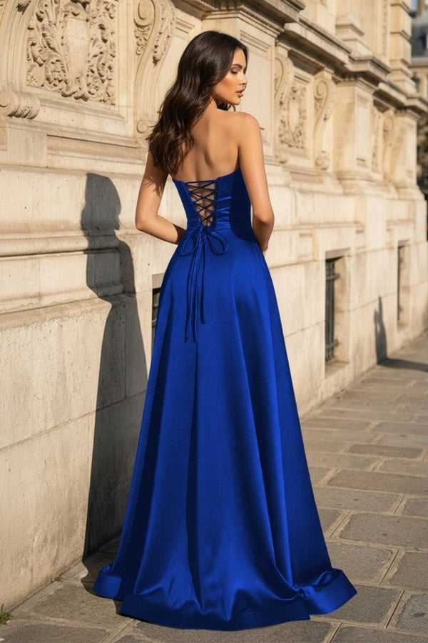Royal Blue Strapless Satin A Line Long Formal Dress With Slit (2) | KISSPROM