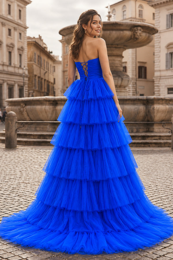 A-Line Strapless Tiered Tulle Prom Dress with Ruffles - KissProm