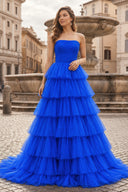 A-Line Strapless Tiered Tulle Prom Dress with Ruffles - KissProm