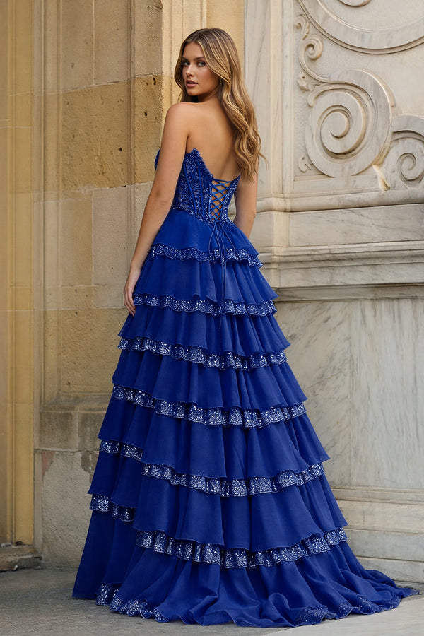 KissProm-Royal Blue Sweetheart A Line Sequined Lace Ruffled Long Prom Dresses With Appliques