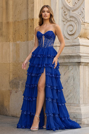 KissProm-Royal Blue Sweetheart A Line Sequined Lace Ruffled Long Prom Dresses With Appliques