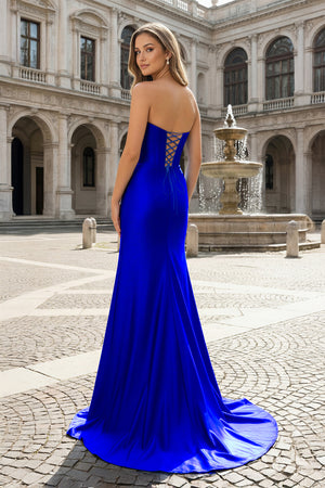 KissProm-Royal Blue Sweetheart Satin Mermaid Long Prom Dresses with Beading