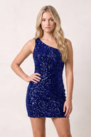 Royal Blue Tight Sequins One Shoulder Mini Homecoming Dresses | KISSPROM