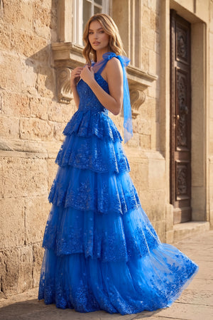 Royal Blue Tulle Appliques Tying Strap Ruffle Tiered Long Prom Dress - KissProm