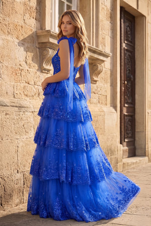 Royal Blue Tulle Appliques Tying Strap Ruffle Tiered Long Prom Dress - KissProm