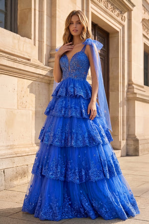 Royal Blue Tulle Appliques Tying Strap Ruffle Tiered Long Prom Dress - KissProm