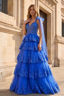 Royal Blue Tulle Appliques Tying Strap Ruffle Tiered Long Prom Dress - KissProm