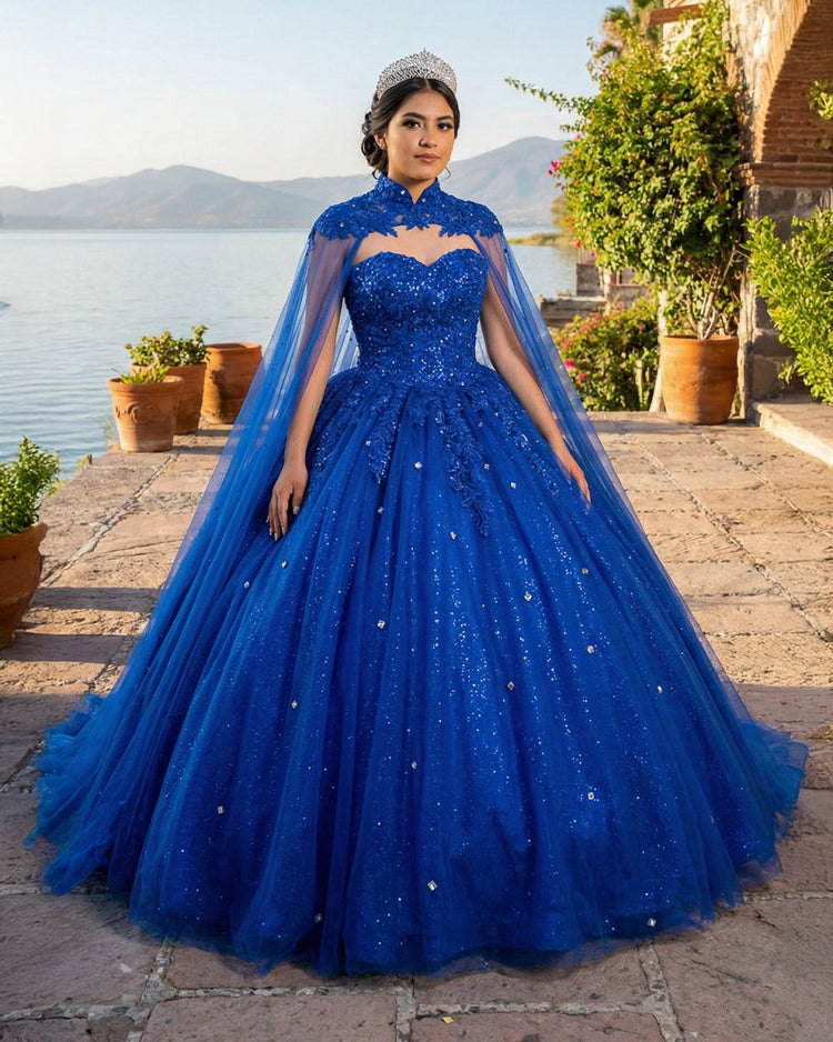Royal Blue Tulle Ball Gown Prom Dress With Cape