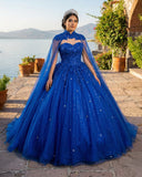 Royal Blue Tulle Ball Gown Prom Dress With Cape - KissProm