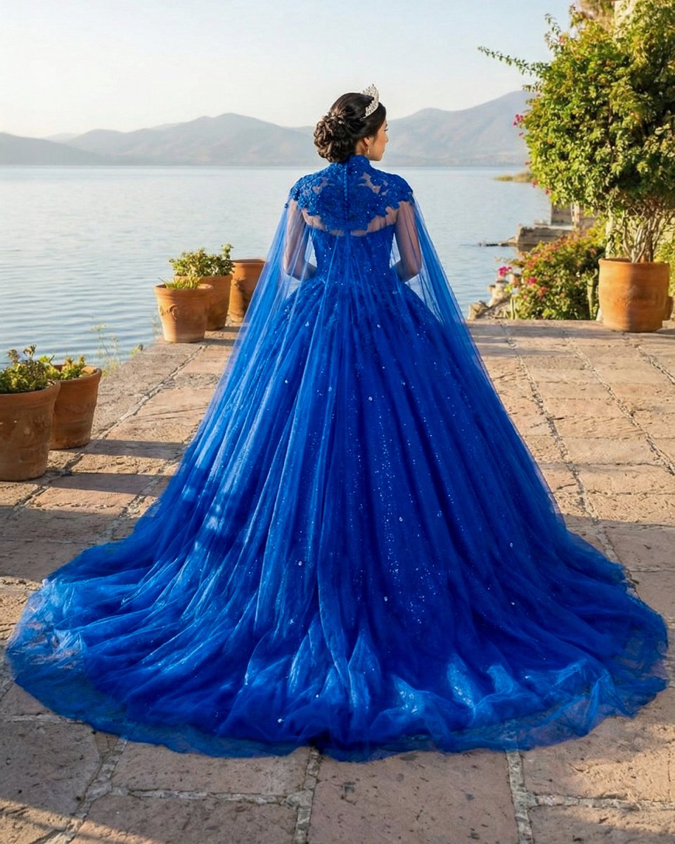 Royal Blue Tulle Ball Gown Prom Dress With Cape, Royal Blue / 2 Royal Blue Tulle Ball Gown Prom Dress With Cape, Royal Blue / 2