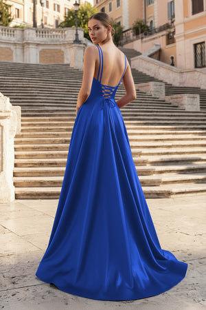KissProm- Royal Blue V Neck A Line Satin Long Prom Dresses With Slit