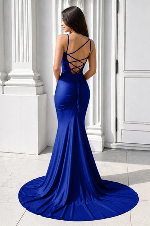 Purple Spaghetti Straps Lace-Up Mermaid Long Formal Dress-KissProm