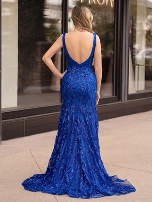 Mermaid V Neck Sequined Lace Prom Dress with Slit - KissProm 