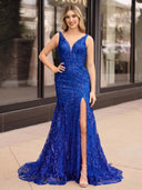 Mermaid V Neck Sequined Lace Prom Dress with Slit - KissProm 