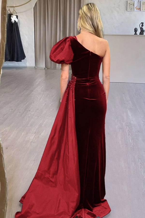 Jazmine | Royal Blue Velvet One-Shoulder Long Formal Dress with Attached Train