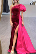 Jazmine | Royal Blue Velvet One-Shoulder Long Formal Dress with Attached Train