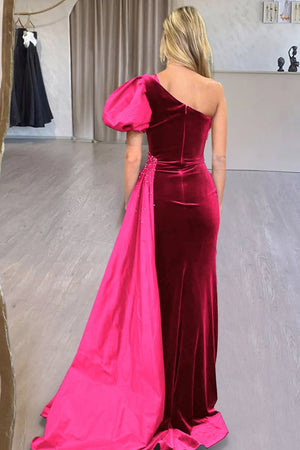 Jazmine | Royal Blue Velvet One-Shoulder Long Formal Dress with Attached Train