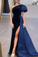 Jazmine | Royal Blue Velvet One-Shoulder Long Formal Dress with Attached Train