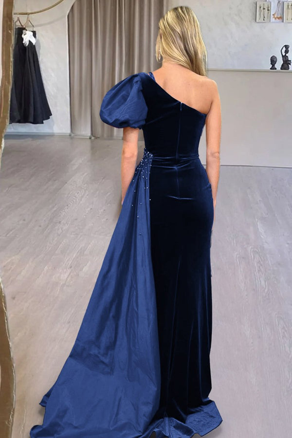 Royal Blue Velvet One-Shoulder Long Formal Dress with Attached Train