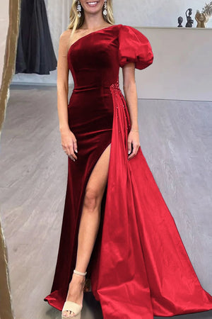 Jazmine | Royal Blue Velvet One-Shoulder Long Formal Dress with Attached Train