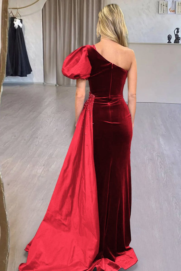 Jazmine | Royal Blue Velvet One-Shoulder Long Formal Dress with Attached Train