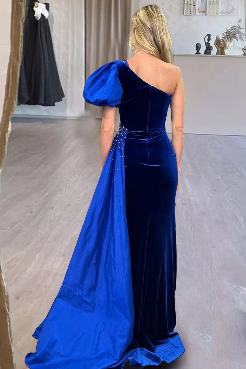 Royal Blue Velvet One-Shoulder Long Formal Dress with Attached Train Royal Blue / 6 / Velvet Royal Blue Velvet One-Shoulder Long Formal Dress with Attached Train Royal Blue / 6 / Velvet