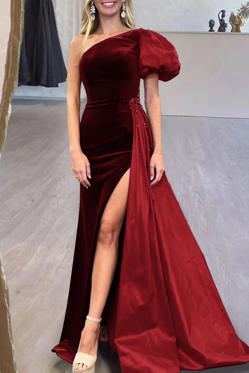 Royal Blue Velvet One-Shoulder Long Formal Dress with Attached Train Royal Blue Velvet One-Shoulder Long Formal Dress with Attached Train