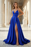 Pink Spaghetti Straps Satin Backless A Line Prom Dress With Pockets - KissProm