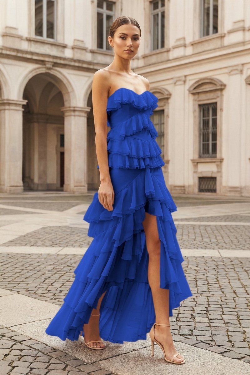 Royal Blue Strapless Sheath Chiffon Ruffled Long Prom Dresses – Prom Dress by KissProm | Available at KissProm