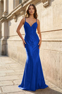 Royal Blue V Neck Mermaid Satin Beaded Long Prom Dresses With Appliques - KissProm