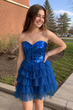 Sparkly Champagne Sweetheart A-Line Tulle Tiered Homecoming Dress- KissProm