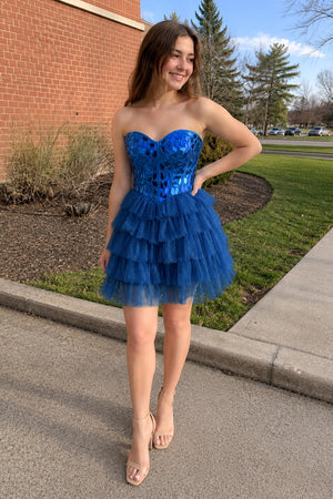 Sparkly Champagne Sweetheart A-Line Tulle Tiered Homecoming Dress- KissProm