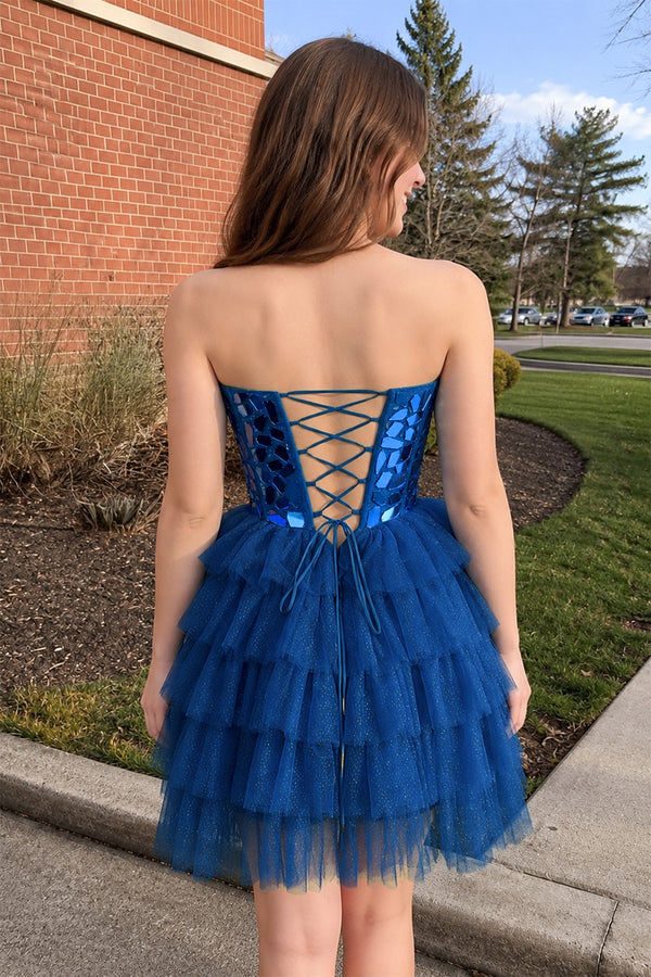 Sparkly Champagne Sweetheart A-Line Tulle Tiered Homecoming Dress- KissProm