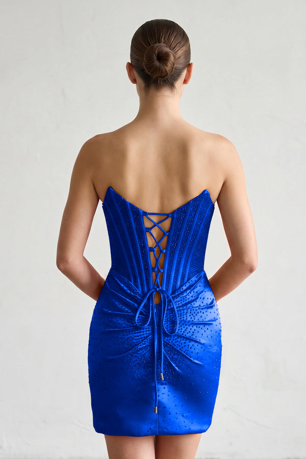 Royal Blue Strapless Satin Bodycon Short Homecoming Dresses With Beading - KISSPROM