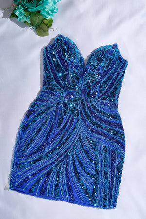 Royal Blue Strapless V Neck Sequins Bodycon Short Homecoming Dresses - KISSPROM
