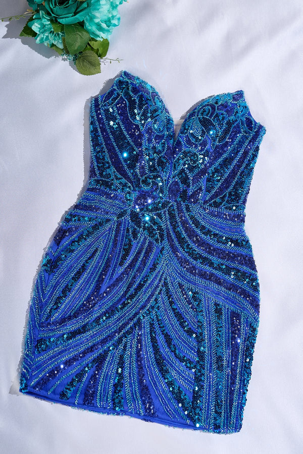 Royal Blue Strapless V Neck Sequins Bodycon Short Homecoming Dresses - KISSPROM
