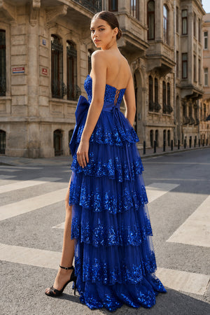 A-Line Sweetheart Sequin Ruffles Long Prom Dresses with Bow - KissProm