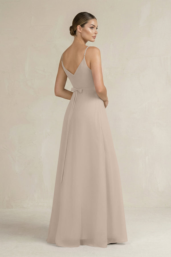 Ruched A - Line Chiffon Bridesmaid Dress with Slit in Almond - KissProm Bridesmaid Dresses