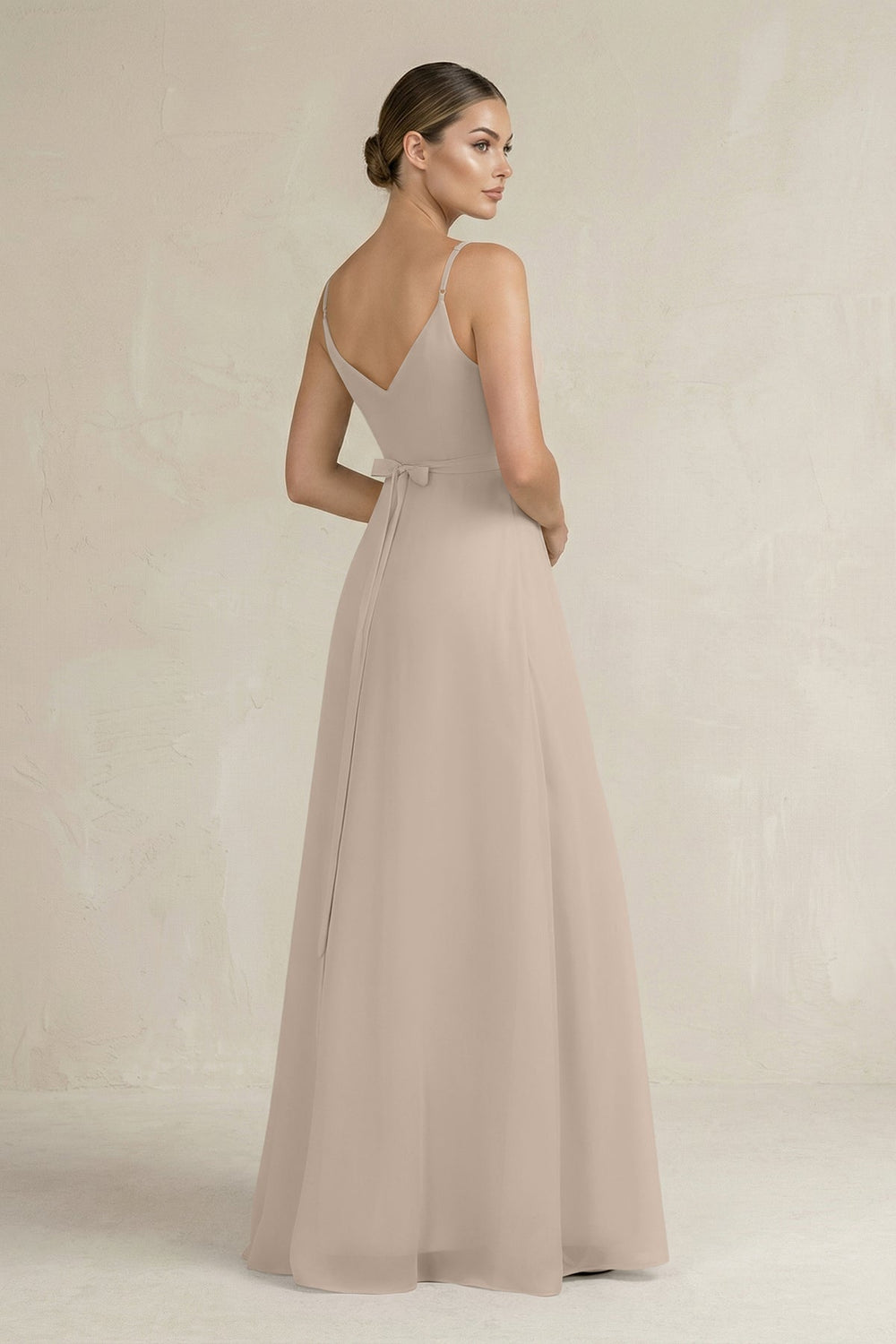 Ruched A - Line Chiffon Bridesmaid Dress with Slit in Almond - KissProm Bridesmaid Dresses