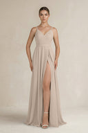 Ruched A - Line Chiffon Bridesmaid Dress with Slit in Almond - KissProm Bridesmaid Dresses