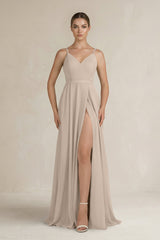 Ruched A - Line Chiffon Bridesmaid Dress with Slit in Almond - KissProm Bridesmaid Dresses