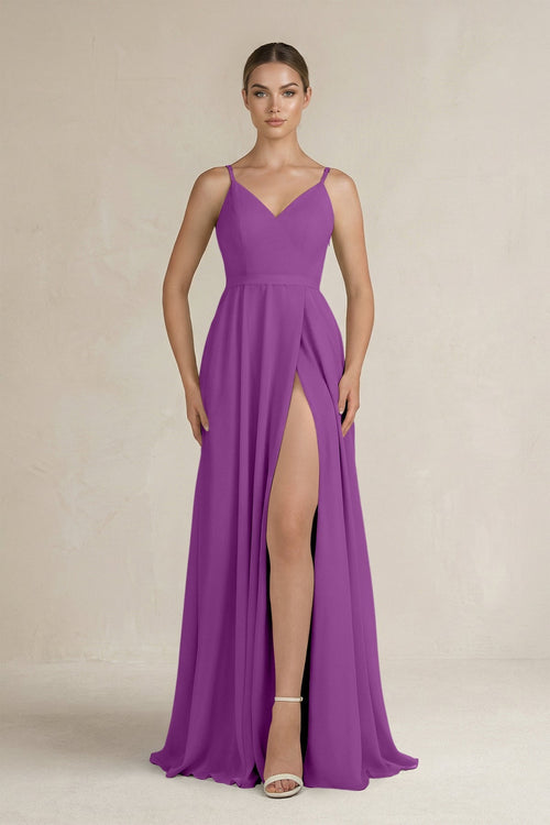 Ruched A - Line Chiffon Bridesmaid Dress with Slit in Amethyst - KissProm Bridesmaid Dresses